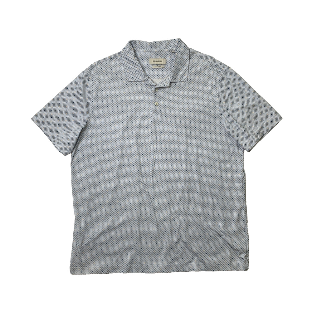 Bugatchi Polo Shirt Mens XL White Air Blue 8-Way Stretch Geometric Pattern Golf